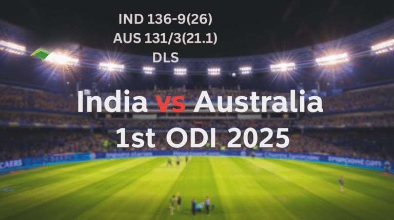 India vs Australia 1st ODI 2025 – Scoreboard overlay IND 136/9, AUS 131/3 (DLS) in cricket stadium under lights.