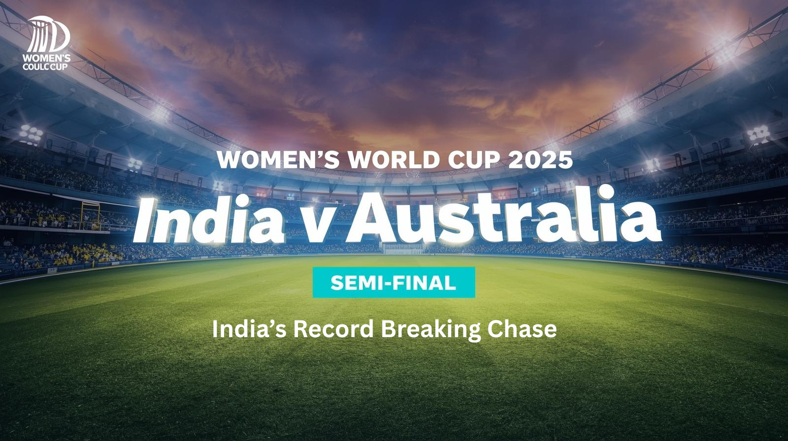 Graphic design showing India vs Australia Women’s World Cup semi-final 2025 semi-final between India and Australia under stadium lights, with bold centered text reading: ‘Women’s World Cup 2025 – India vs Australia Semi-Final – India’s Record-Breaking Chase.
