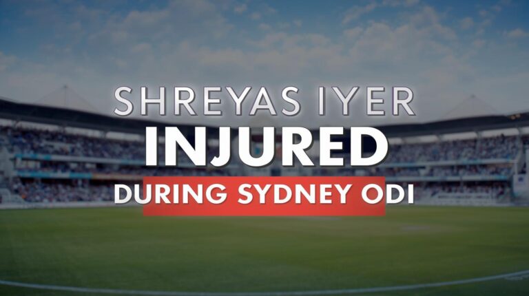 Graphic showing “Shreyas Iyer Injury Update” with cricket field background, representing news about his spleen injury during Sydney ODI.
