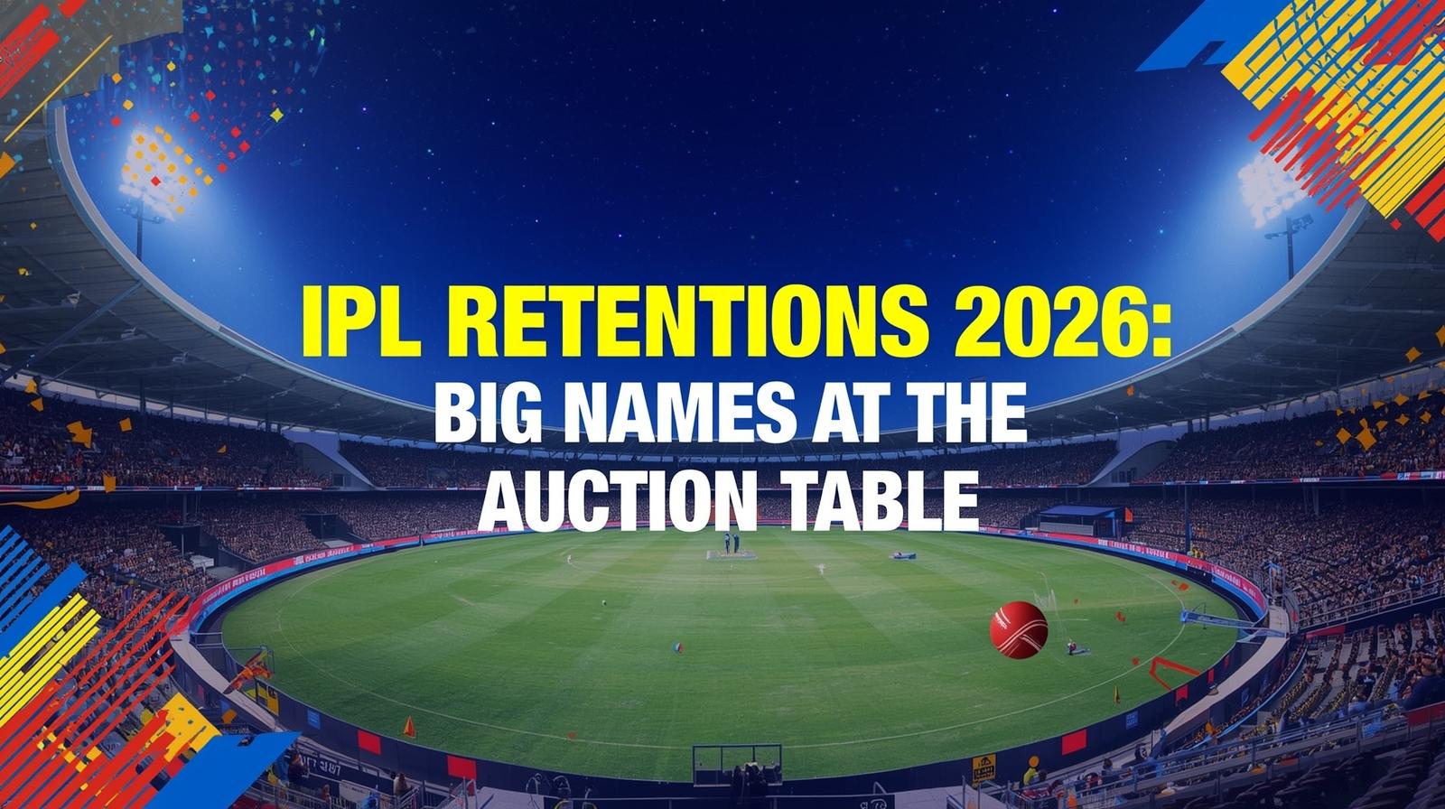 IPL Retentions 2026: Exciting big-name players featured at the auction table with a cricket stadium background, highlighting anticipation and action in the tournament.