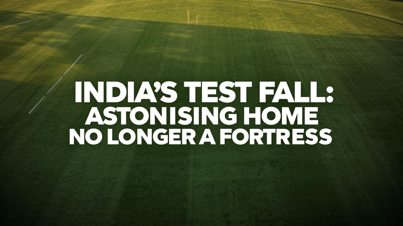 India's Test fall text on the image with cricket ground background.