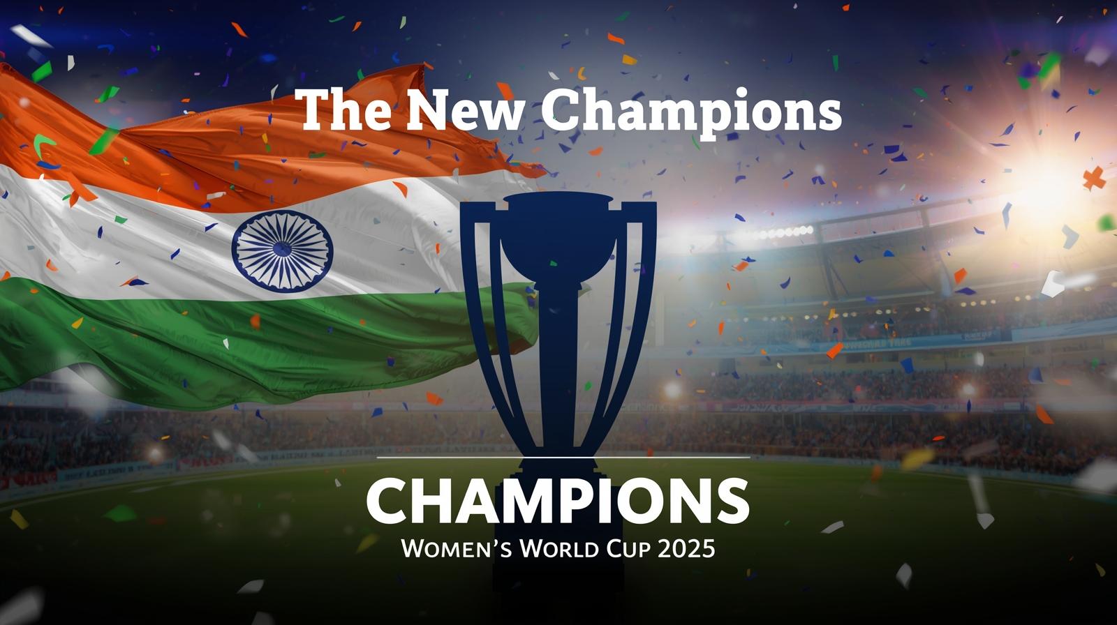 India Women World Cup 2025 victory celebration with trophy and Indian flag background.